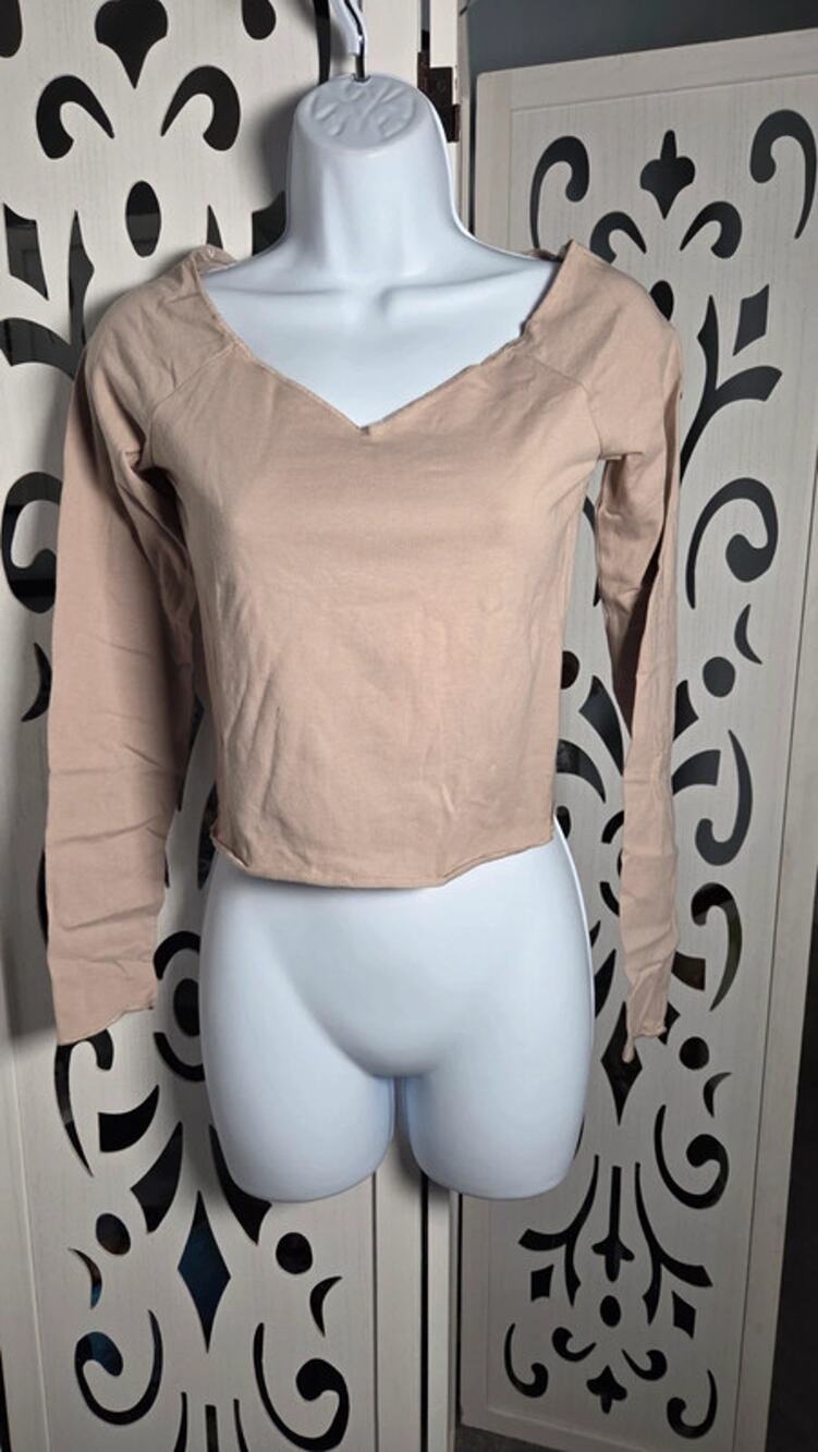 Wild Fable Cropped V Neck Long Sleeve Top Small Brown Stretch Y2K Casual Tee
